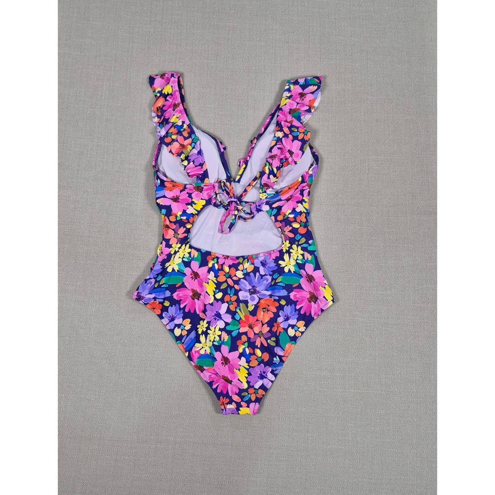 Cupshe Floral Ruffle V-Neck Tummy Control One Piece Swimsuit Purple Size L - Picture 7 of 11